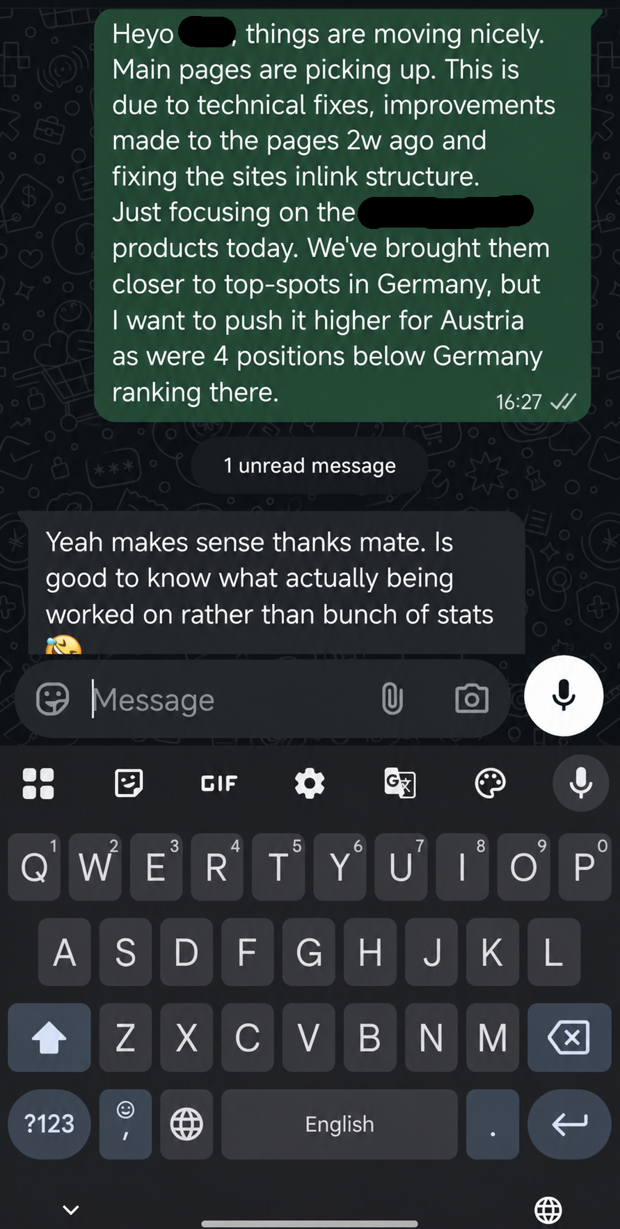 Client conversation explaining ranking movement, technical improvements and internal link work