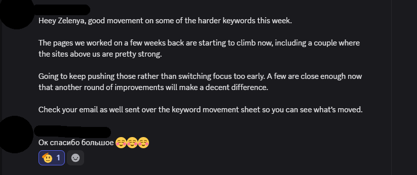 SEO progress update discussing movement on harder search terms and continued page optimisation