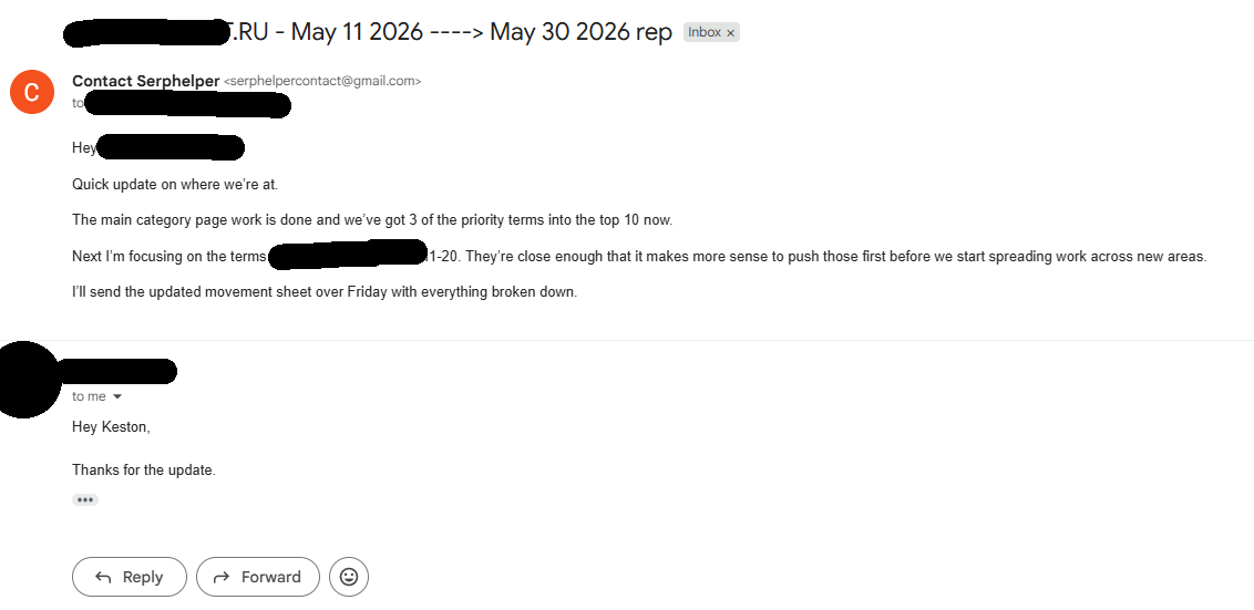 Redacted SEO email progress report discussing category-page work and priority terms entering the top ten
